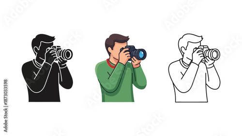 Set of three illustrations of a man holding a camera and taking a photo, shown in solid black, color, and outline illustration