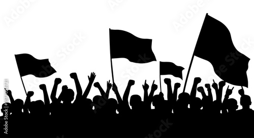 Powerful silhouettes of a protesting crowd with raised fists and flags, symbolizing revolution, activism, and unity for social change.