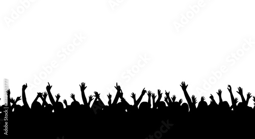 Silhouette of a lively crowd with hands raised, celebrating or protesting. Ideal for events, concerts, rallies, and party backgrounds.