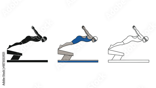 Swimmer diving from a starting block, set of three icons in silhouette, color, and outline illustration for swimming competition