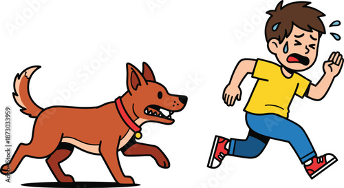 Scared cartoon boy running from barking dog funny child safety concept colorful vector illustration isolated white background