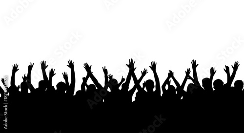Black silhouettes of a cheering crowd with hands raised high against a clean white background, symbolizing celebration, unity, and excitement.