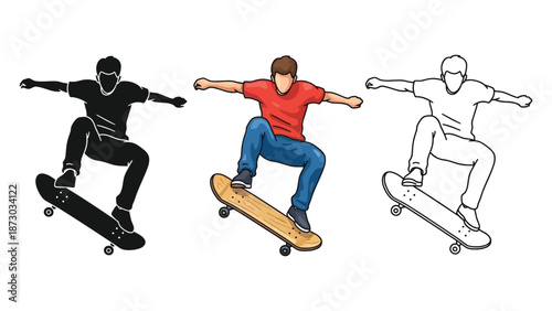 Skateboarder performing an ollie trick, set of three variations in silhouette, color, and outline drawing