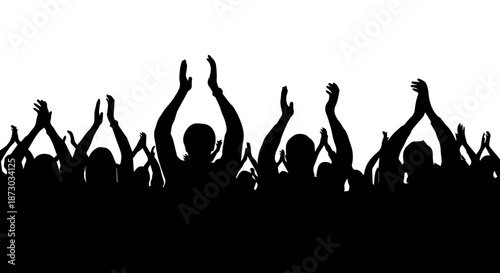 Silhouettes of a cheering crowd with hands raised in applause and excitement, isolated on a white background. Perfect for events and celebration.