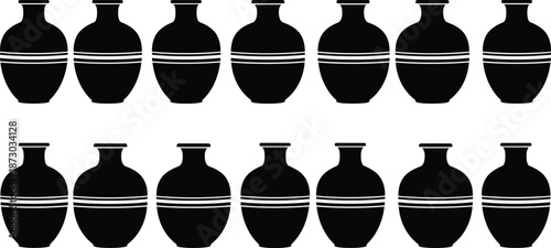 Clay pottery vase silhouettes set traditional ceramic jars black and white decorative container vector illustration isolated background