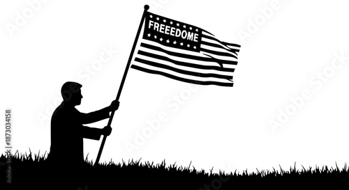 Silhouette of a person holding a flag with "FREEEDOME" and stars, symbolizing freedom and protest against a white background with grass.