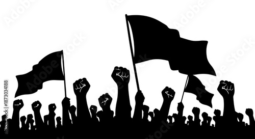 Silhouette of a protesting crowd with raised fists and flags, symbolizing revolution, unity, and resistance against a white background.