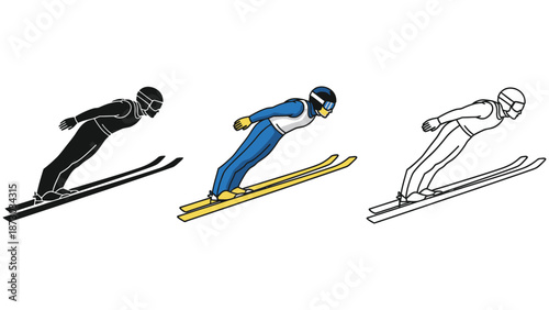 Set of three icons representing a ski jumper in silhouette, color, and outline illustration