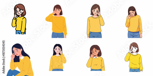 Collection of illustrations of women crying and wiping tears. Sadness, grief, and emotional distress represented in various poses.