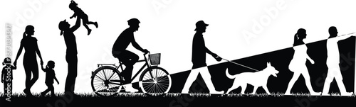 Black silhouette of people in different life stages: family walking, father lifting child, man cycling, dog walking, and couple strolling, representing human activities and lifestyle.