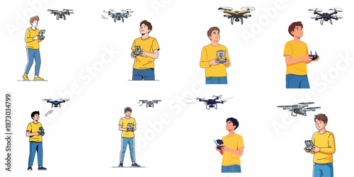 Collection of flat vector illustrations depicting young men operating different types of camera drones with remote controllers against a white background.