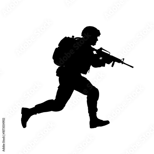 Soldier running with rifle and backpack