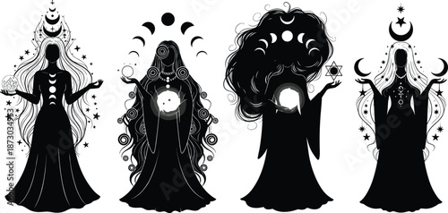 Mystical moon goddess silhouettes, witchy feminine energy, celestial women illustration, occult lunar phases, spiritual magic art, boho sacred geometry design