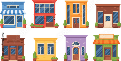 Cartoon city building facade set with colorful small shops houses storefronts flat vector illustration collection for urban street design