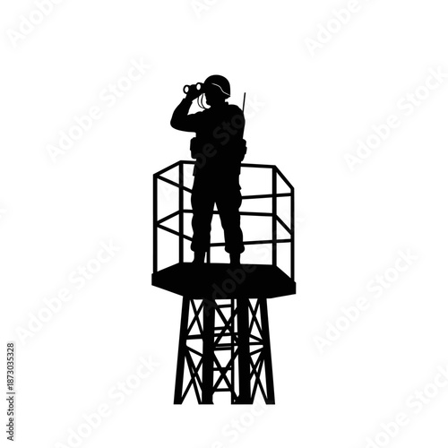 Soldier on watchtower with binoculars