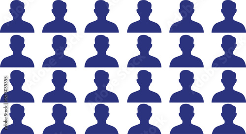 Blue silhouette grid, anonymous people, demographic concept, identity visualization, head and shoulders, data representation, uniform figures, digital crowd, abstract group, profile icons