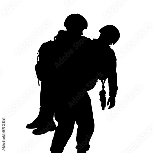Soldier carrying injured comrade in military operation
