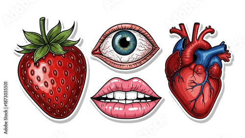 Set of Stylized Icons: Strawberry, Eye, Lips, and Human Heart Illustrations