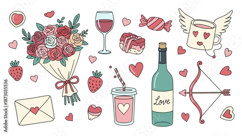 Valentine's Day Collection: Hearts, Flowers, Cupcakes, Wine, Cupid's Bow, and Love Letter