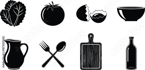 Kitchen food icons set with lettuce tomato eggs bowl jug fork spoon cutting board bottle black silhouette vector isolated