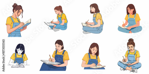 Vector illustrations set of young women writing, drawing, or studying in notebooks, captured in various casual poses, symbolizing education and student life.