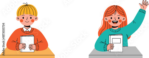 Two cartoon children sitting at desks with books kids students school