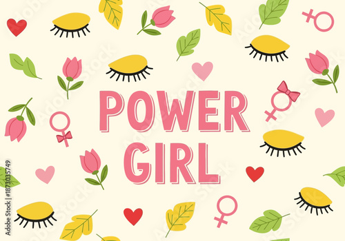 A colorful illustration with the words power girl on a cream background