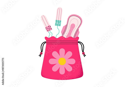 Pink drawstring bag with hair accessories and a flower design on the front for beauty and fashion