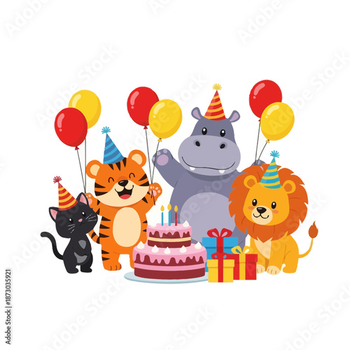 Happy birthday party with lion, tiger, hippo, and cat wearing party hats and balloons