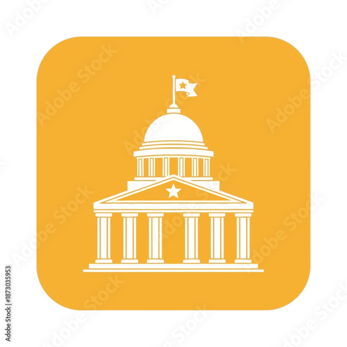 White illustration of a government building on orange rounded square background