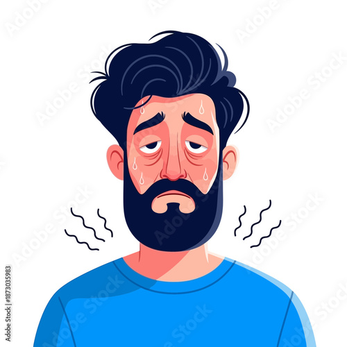 Man feeling hot and sweaty with a beard and blue shirt
