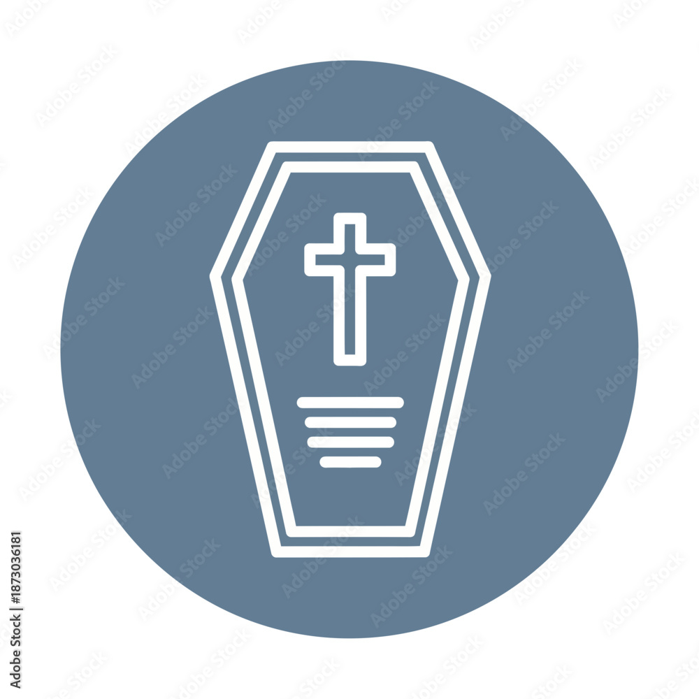 Obraz premium A blue circle icon with a white outline of a coffin and cross symbol