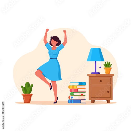 Woman dancing in a room with books and a lamp on a nightstand