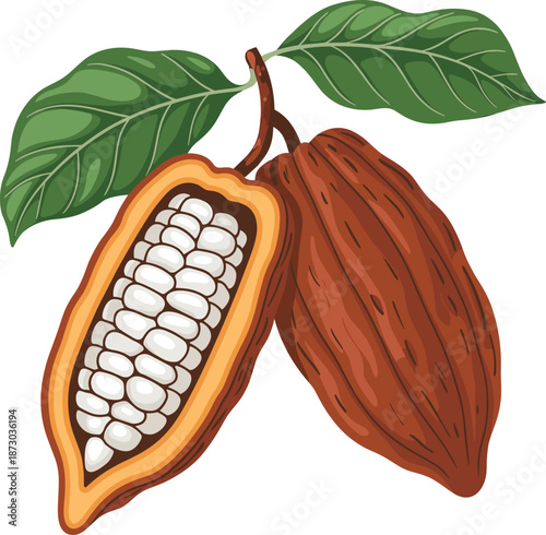 Cacao pod illustration, tropical fruit artwork, exotic plant drawing, chocolate source design, agricultural crop image, natural seed anatomy, botanical educational graphic, leaves