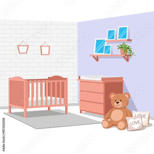 A nursery room with a pink crib and teddy bear on the floor beside a dresser