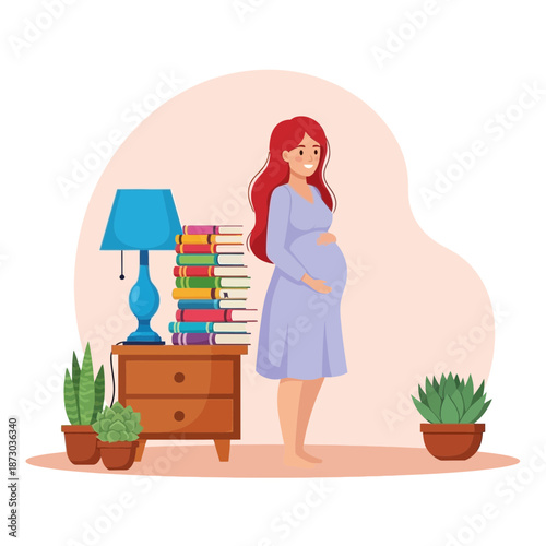 A pregnant woman standing next to a nightstand with books and lamp on a colored background