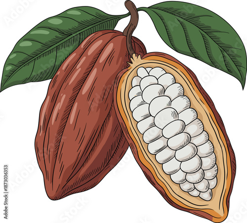 Cacao pod illustration, tropical fruit artwork, exotic plant drawing, chocolate source design, agricultural crop image, natural seed anatomy, botanical educational graphic
