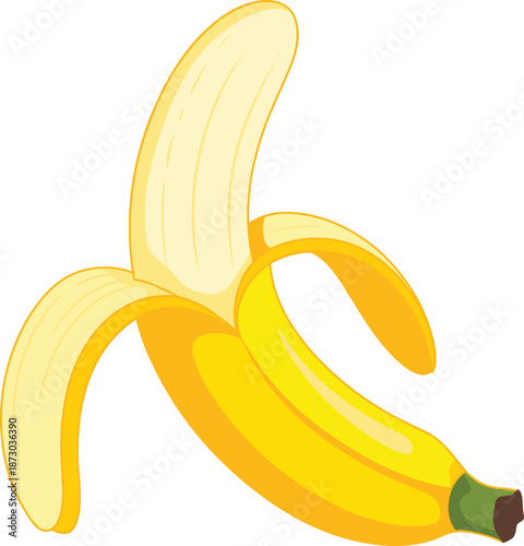 Cartoon banana, peeled fruit, yellow snack, tropical food, healthy produce, stylized drawing, clean design, organic fruit, nutrition concept, edible illustration