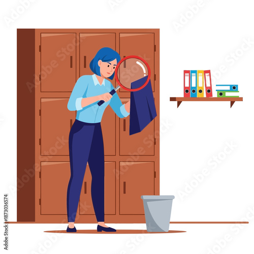 Woman examining clothes with a magnifying glass in front of a wardrobe at home
