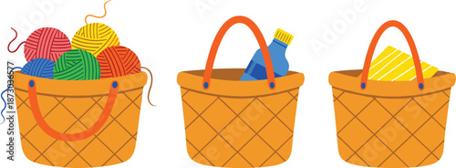 Orange baskets with yarn bottle and folded paper yellow basket woven basket ball of yarn