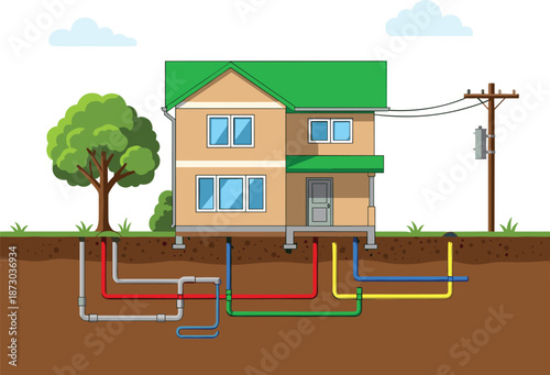 House with underground utility pipes and cables utilities