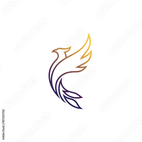 Elegant minimalist line art phoenix logo with a purple to gold gradient on a white background, symbolizing rebirth and strength.