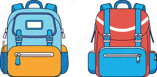 Colorful cartoon backpacks with blue straps and accents orange