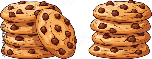 Chocolate chip cookies stacked on white background stacked cookies cartoon cookies