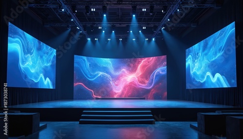 Illustration of a modern event stage. Empty conference hall with led screens ready for presentations. Design includes blue backdrop and lights. The venue is spacious with a pro atmosphere.