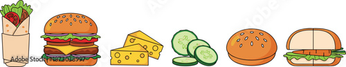 Cartoon fast food including sandwich wrap burger cheese and vegetables
