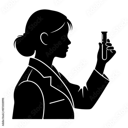 Professional female scientist silhouette in a lab coat, intently holding a test tube with a liquid sample, embodying scientific research, experimentation, and discovery
