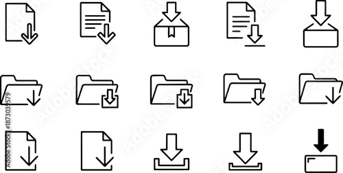 A collection of simple black and white line art icons representing various download and file operations.