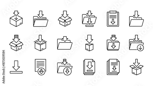 Collection of download icons representing file transfers, data uploads, and package delivery in a clean line art style.