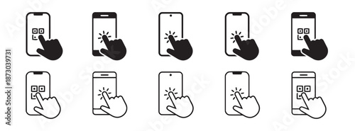Touch screen hand and phone icon finger touch smartphone tapping mobile touch screen gestures vector illustration icon